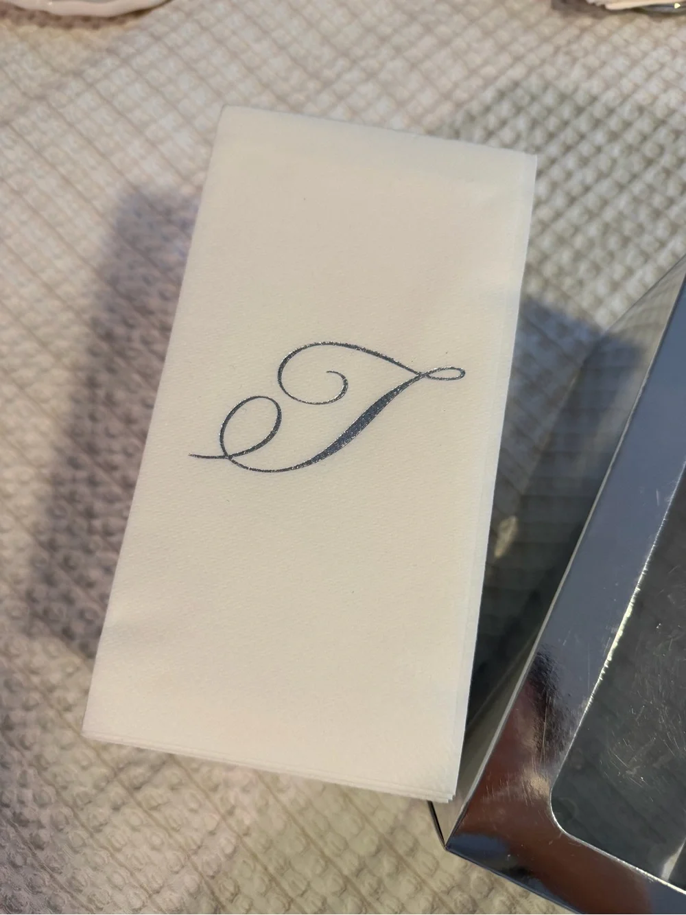 Premium Quality Silver Foil Monogram (T) Disposable White Hand Towels